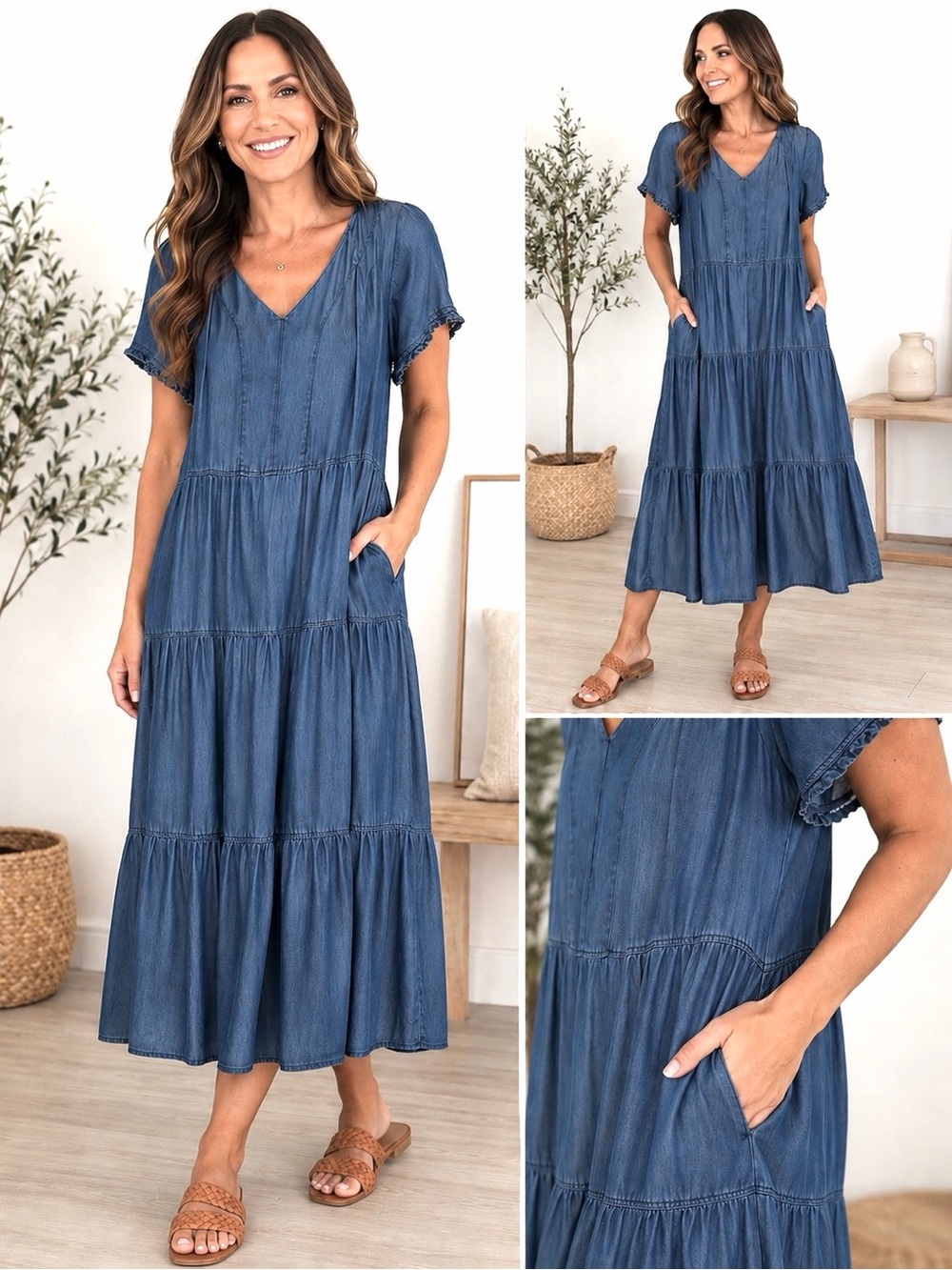 Blue Lyocell Tiered Midi Dress size Large Boho Coastal Comfy Cottagecore Casual
